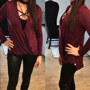 Criss Cross Long Sleeve Burgundy Blouse Size Small